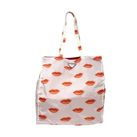PRADA Vintage Triangle Logo Lip Print Shopping Tote Bag Pouch White Red [106202] - Picture 4 of 16